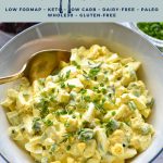 Pinterest image with Easy Instant Pot Egg Salad Low FODMAP Keto Low Carb Dairy-Free Paleo Whole30 Gluten-Free at the top and goodnomshoney.com at the bottom.